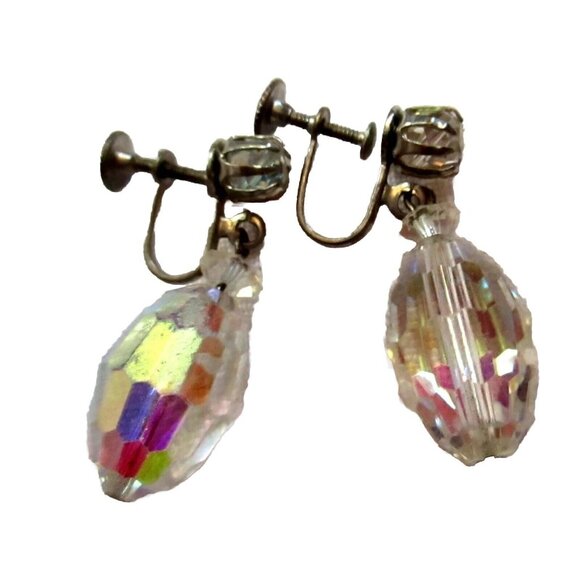 Vintage Laguna Crystal Screw Back Earrings Clear Faceted Aurora Borealis Beads - Picture 2 of 4